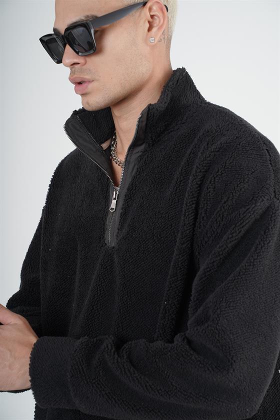 Yarım Fermuarlı Kanguru Cepli Unisex Oversize Kalıp Peluş