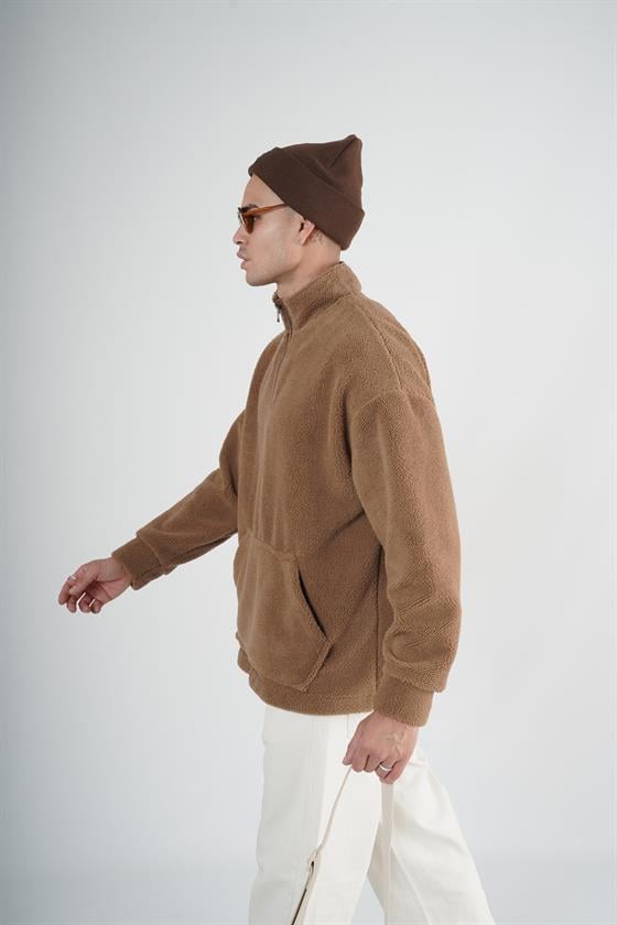 Yarım Fermuarlı Kanguru Cepli Unisex Oversize Kalıp Peluş