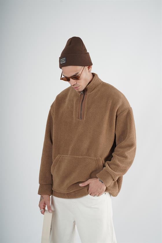 Yarım Fermuarlı Kanguru Cepli Unisex Oversize Kalıp Peluş