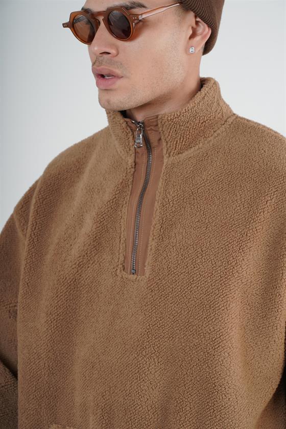 Yarım Fermuarlı Kanguru Cepli Unisex Oversize Kalıp Peluş