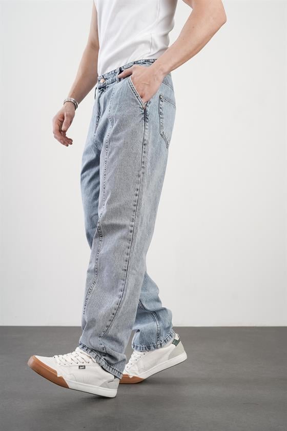 Yüksek Bel Önü Dikiş Detaylı Baggy Kalıp Erkek Bol Kesim Jean