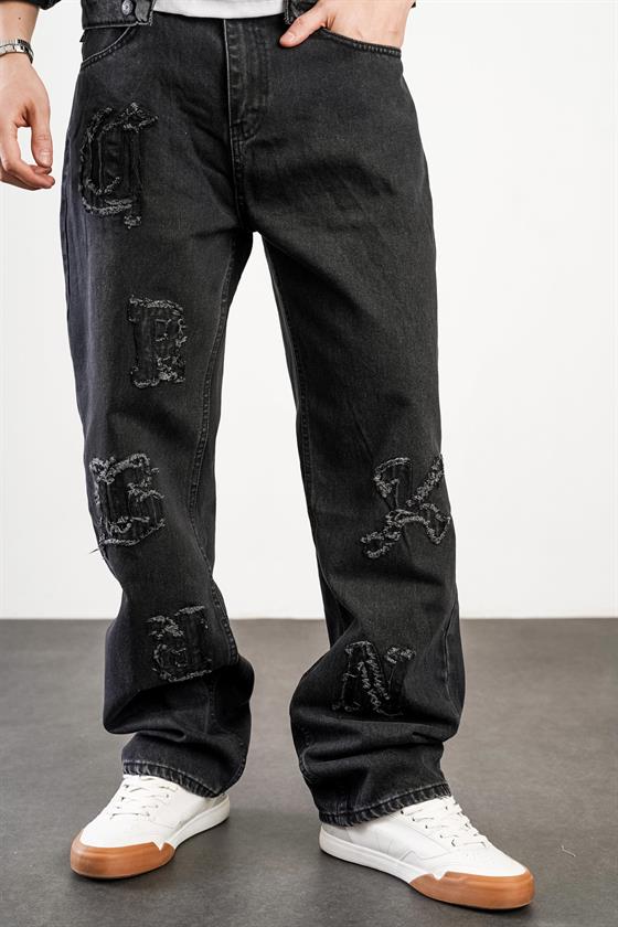 Yüksek Bel Yıkamalı Önü Harf Detaylı Baggy Kalıp Erkek Kot Pantolon