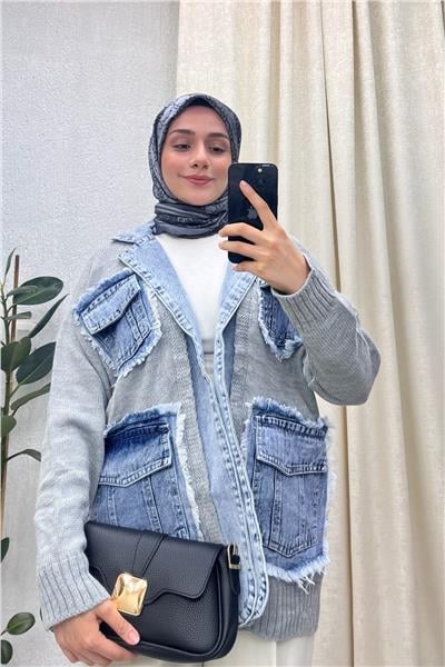 Kot Detaylı Triko Ceket Hırka Gri