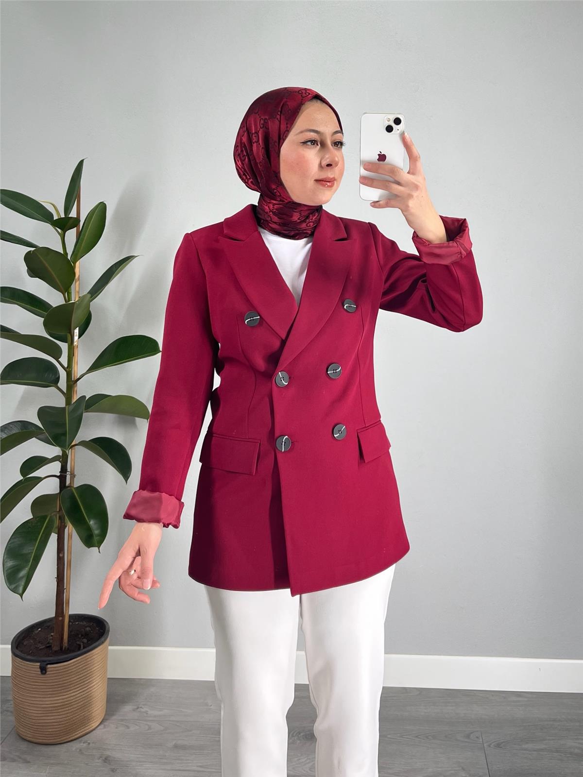 Astarlı Düğmeli Blazer Ceket Bordo