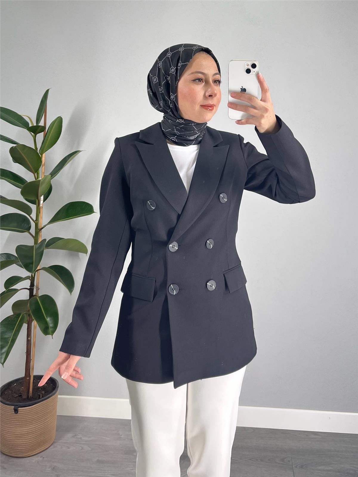 Astarlı Düğmeli Blazer Ceket Siyah