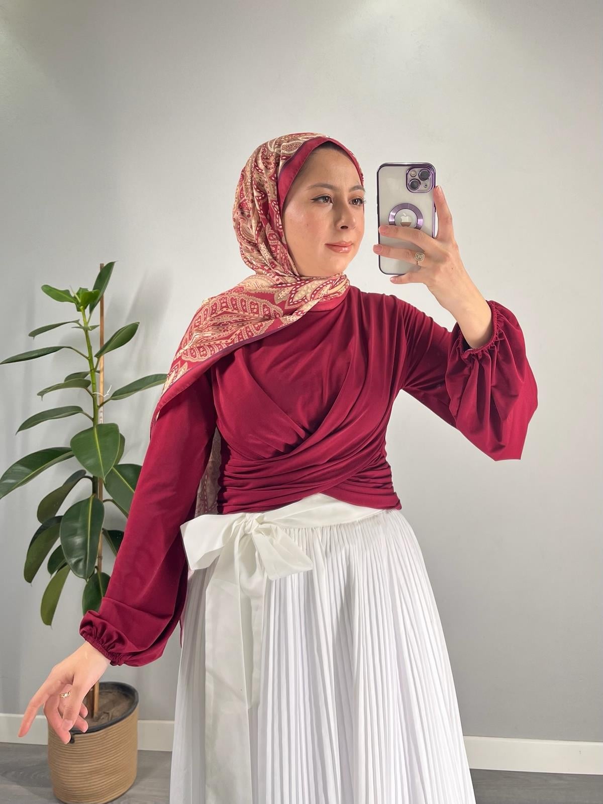 Çift Drapeli Çapraz Bluz Bordo