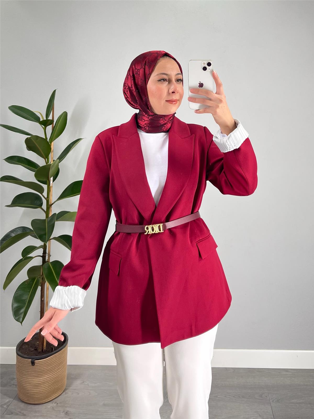 Çizgili Astarlı Blazer Ceket Bordo