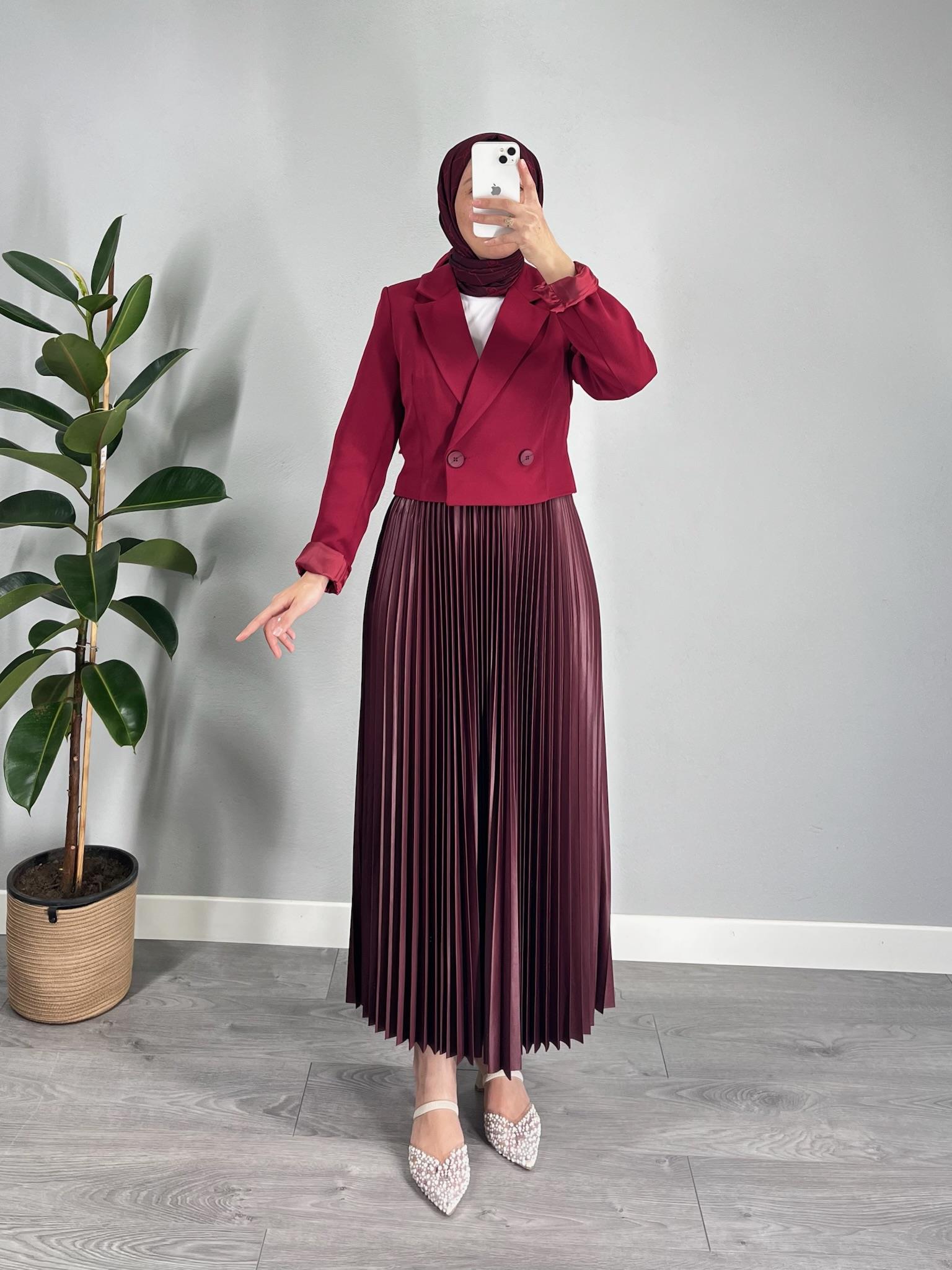 Düğmeli Kısa Crop Blazer Ceket Bordo