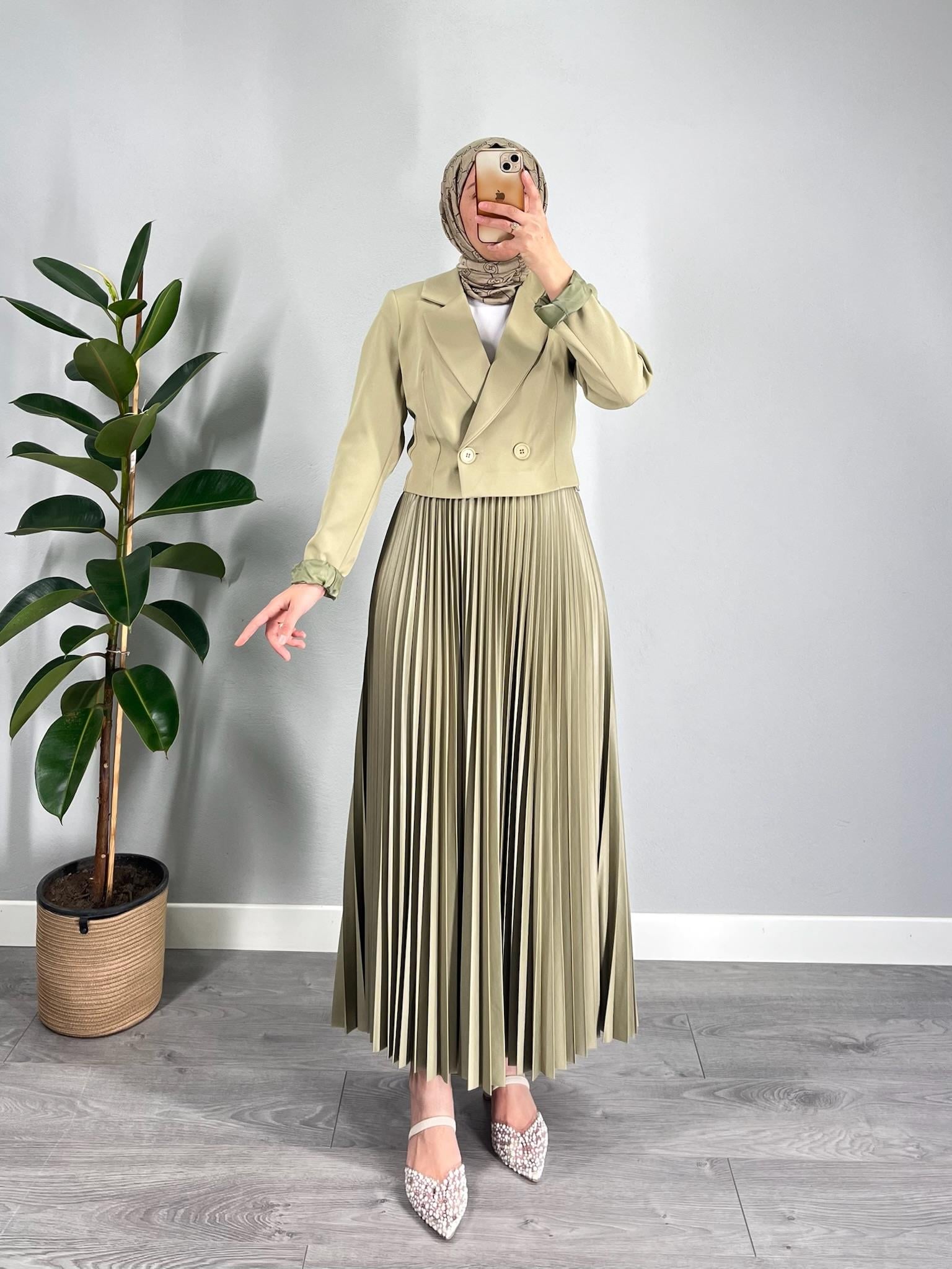 Düğmeli Kısa Crop Blazer Ceket Yeşil