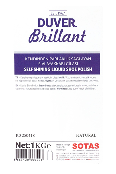 Duver Brillant 1 Kg Kendinden Parlaklık Sağlayan Natural Renk Sıvı Ayakkabı Cilası