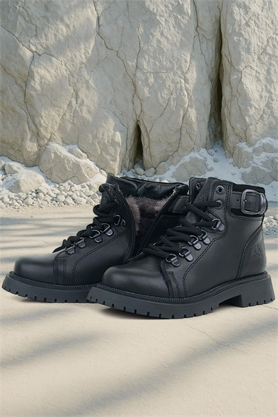 Gerçek Kürklü Hakiki Deri Siyah Bağcıklı Fermuarlı Çocuk Kar Botu