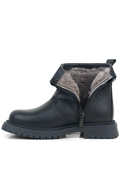 Gerçek Kürklü Hakiki Deri Siyah Fermuarlı Çocuk Bot