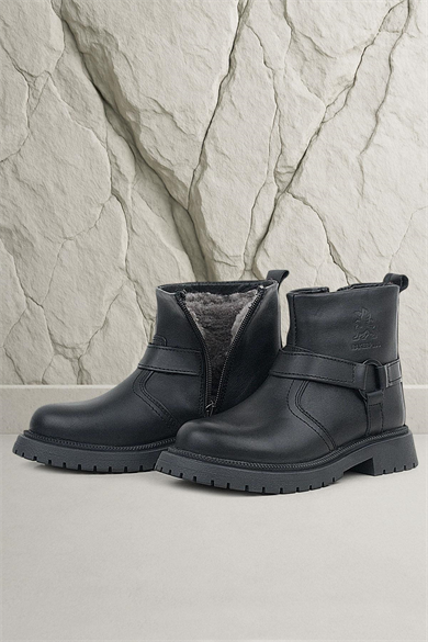 Gerçek Kürklü Hakiki Deri Siyah Fermuarlı Çocuk Bot