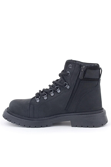Gerçek Kürklü Hakiki Deri Siyah Nubuk Bağcıklı Fermuarlı Çocuk Kar Botu