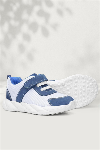 Rakerplus Barefoot Hakiki Deri Krem Lacivert Cırt Cırtlı Çocuk Spor Ayakkabı