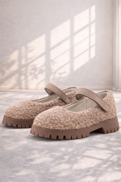 Rakerplus Bej Cırtlı Kalın Tabanlı Kız Çocuk Pofuduk Peluş Babet Ayakkabısı