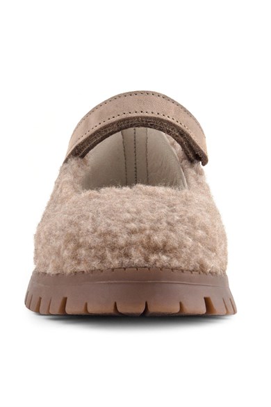 Rakerplus Bej Cırtlı Kalın Tabanlı Kız Çocuk Pofuduk Peluş Babet Ayakkabısı