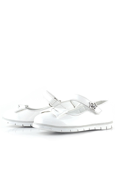 Rakerplus Beyaz Rugan Fiyonklu Yıldız Detaylı Cırtlı Kız Çocuk Babet