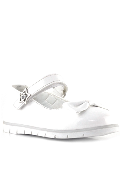 Rakerplus Beyaz Rugan Fiyonklu Yıldız Detaylı Cırtlı Kız Çocuk Babet