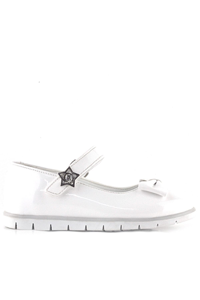 Rakerplus Beyaz Rugan Fiyonklu Yıldız Detaylı Cırtlı Kız Çocuk Babet