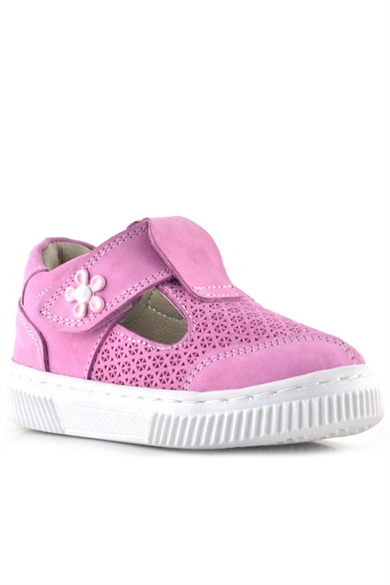 Rakerplus Bheem Hakiki Deri Pembe Cırtlı Çiçek Detaylı Bebek Sandalet