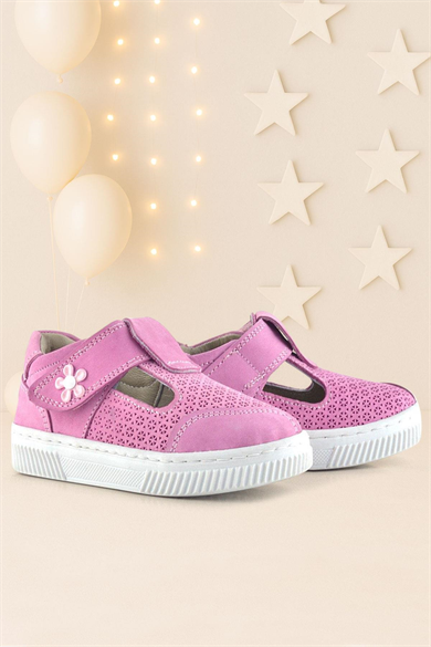 Rakerplus Bheem Hakiki Deri Pembe Cırtlı Çiçek Detaylı Bebek Sandalet