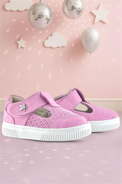 Rakerplus Bheem Hakiki Deri Pembe Cırtlı Yıldız Detaylı Bebek Sandalet