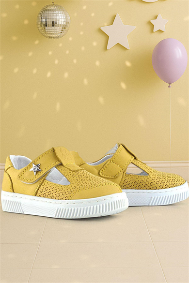 Rakerplus Bheem Hakiki Deri Sarı Cırtlı Yıldız Detaylı Bebek Sandalet