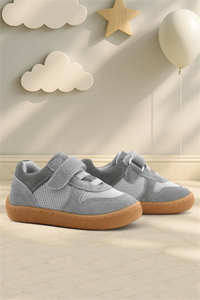 Rakerplus Bob Hakiki Deri Gri Barefoot Cırtlı Lastikli Bebek Sneaker Ayakkabı
