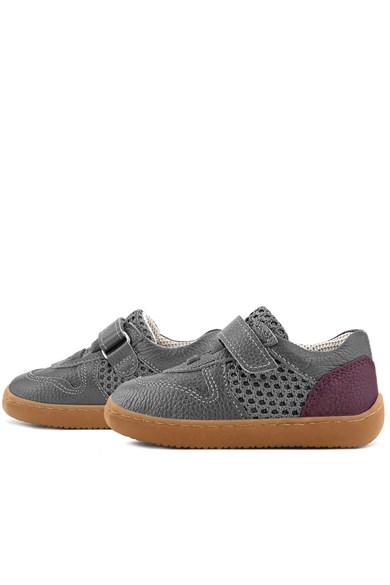 Rakerplus Bob Hakiki Deri Gri Bordo Barefoot Cırtlı Lastikli Bebek Sneaker Ayakkabı