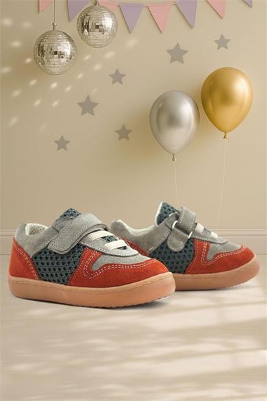 Rakerplus Bob Hakiki Deri Gri Yeşil Barefoot Cırtlı Lastikli Bebek Sneaker Ayakkabı