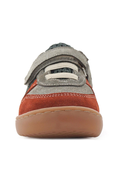 Rakerplus Bob Hakiki Deri Gri Yeşil Barefoot Cırtlı Lastikli Bebek Sneaker Ayakkabı