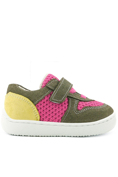 Rakerplus Bob Hakiki Deri Haki Yeşil Pembe Barefoot Cırtlı Lastikli Bebek Sneaker Ayakkabı