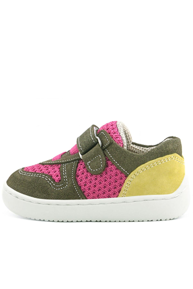 Rakerplus Bob Hakiki Deri Haki Yeşil Pembe Barefoot Cırtlı Lastikli Bebek Sneaker Ayakkabı
