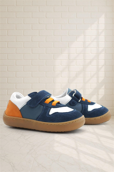 Rakerplus Bob Hakiki Deri Lacivert Beyaz Barefoot Cırtlı Lastikli Bebek Sneaker Ayakkabı