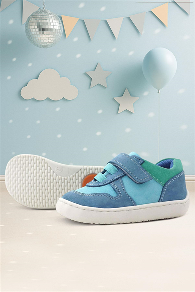 Rakerplus Bob Hakiki Deri Mavi Yeşil Barefoot Cırtlı Lastikli Bebek Sneaker Ayakkabı