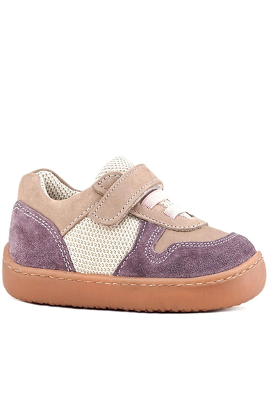 Rakerplus Bob Hakiki Deri Mor Pudra Barefoot Cırtlı Lastikli Bebek Sneaker Ayakkabı