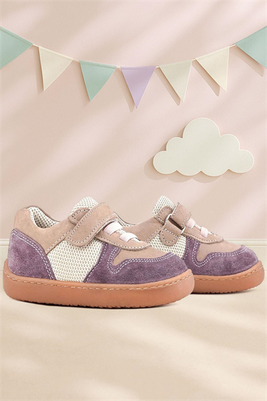 Rakerplus Bob Hakiki Deri Mor Pudra Barefoot Cırtlı Lastikli Bebek Sneaker Ayakkabı