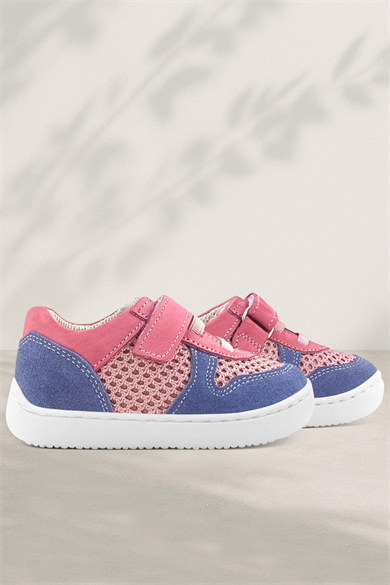 Rakerplus Bob Hakiki Deri Pembe Mavi Barefoot Cırtlı Lastikli Bebek Sneaker Ayakkabı