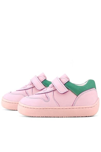 Rakerplus Bob Hakiki Deri Pembe Yeşil Barefoot Cırtlı Lastikli Bebek Sneaker Ayakkabı