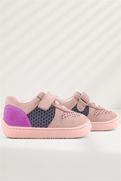 Rakerplus Bob Hakiki Deri Pudra Gri Mor Barefoot Cırtlı Lastikli Bebek Sneaker Ayakkabı