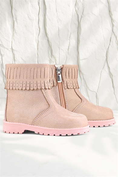 Rakerplus Chiron Hakiki Deri Pembe Simli Fermuarlı Kız Çocuk Bot Çizme