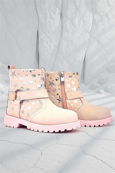 Rakerplus Chiron Hakiki Deri Pudra Yıldız Desenli Fermuarlı Kürklü Kız Çocuk Bot