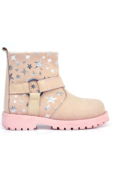 Rakerplus Chiron Hakiki Deri Pudra Yıldız Desenli Fermuarlı Kürklü Kız Çocuk Bot