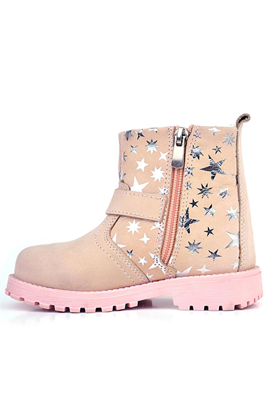 Rakerplus Chiron Hakiki Deri Pudra Yıldız Desenli Fermuarlı Kürklü Kız Çocuk Bot