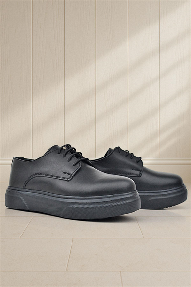 Rakerplus Derby Hakiki Deri Siyah Mat Yüksek Tabanlı Çocuk Klasik Ayakkabı