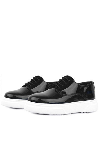 Rakerplus Derby Hakiki Deri Siyah Rugan Beyaz Taban Çocuk Klasik Ayakkabı