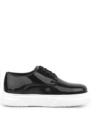 Rakerplus Derby Hakiki Deri Siyah Rugan Beyaz Taban Çocuk Klasik Ayakkabı