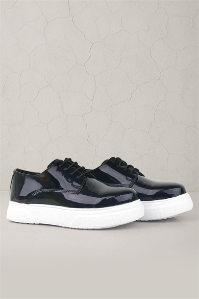 Rakerplus Derby Siyah Rugan Beyaz Taban Çocuk Klasik Ayakkabı