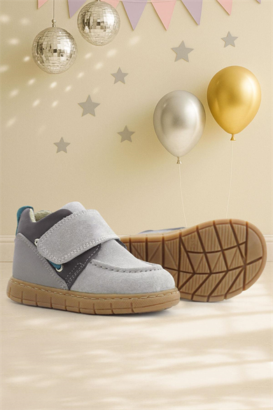 Rakerplus Hakiki Deri Açık Gri Mavi Cırt Cırtlı Bebek Bot